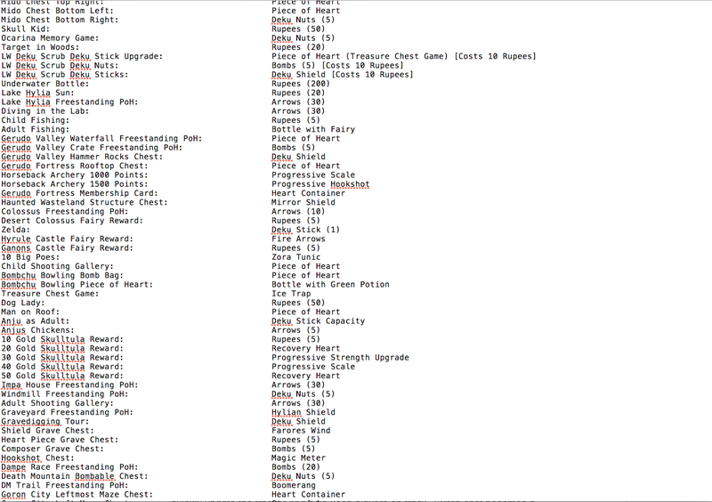 An Ocarina of Time spoiler log provided by AmazingAmpharos. The text file shows player where each item is hidden.